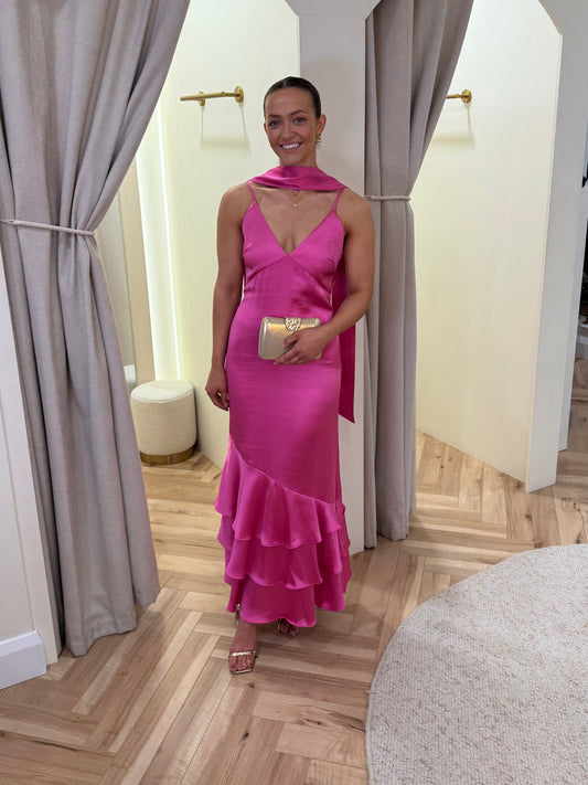 Serita V Neck Tiered Maxi Dress in Fuchsia