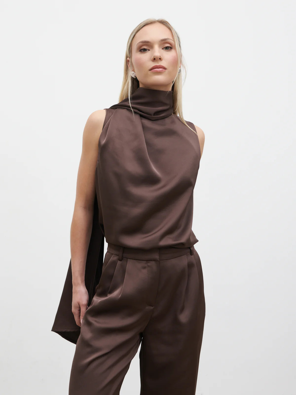 Breya scarf satin top in brown