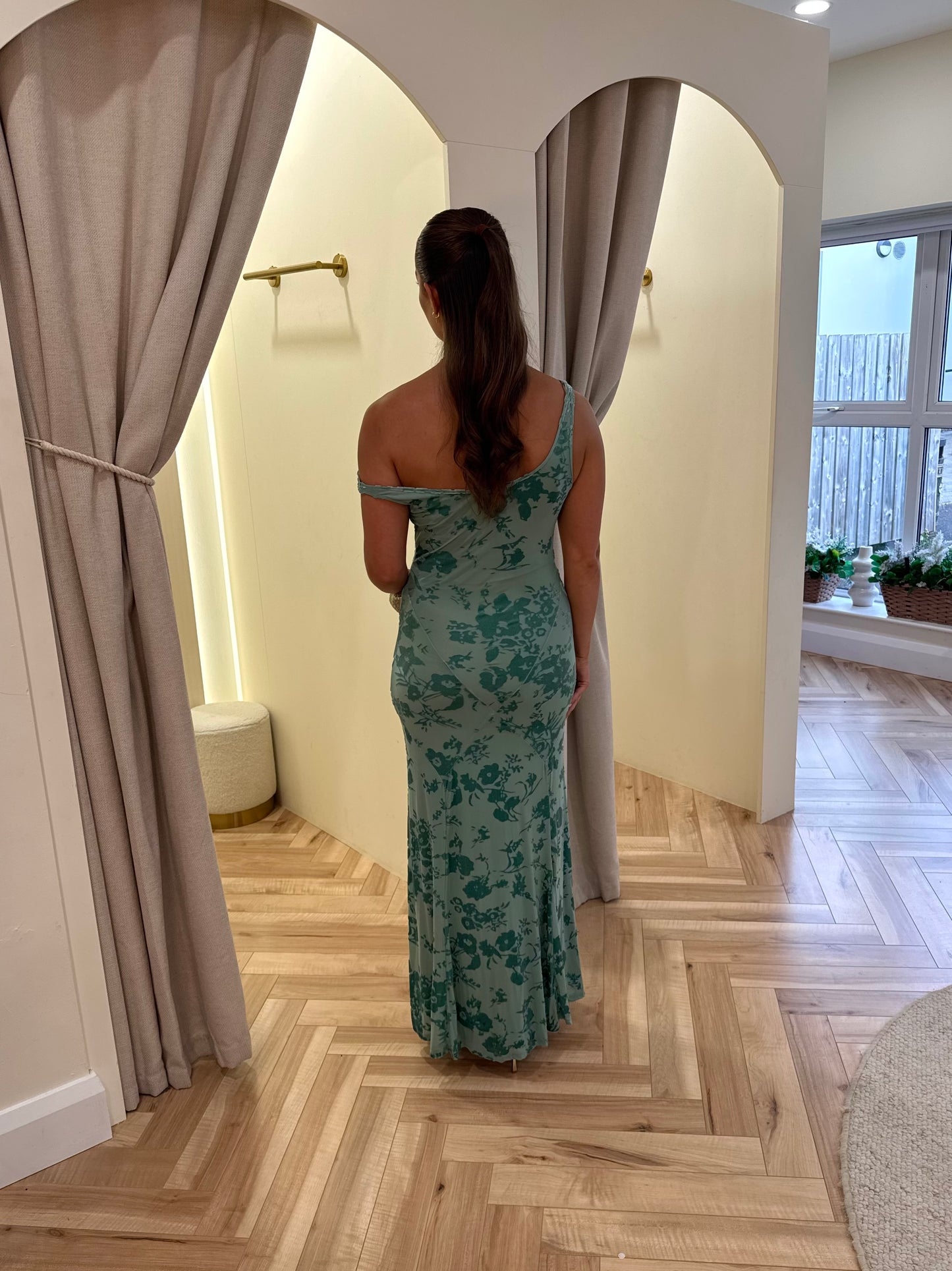 Blue Devore Fallen Shoulder Maxi Dress