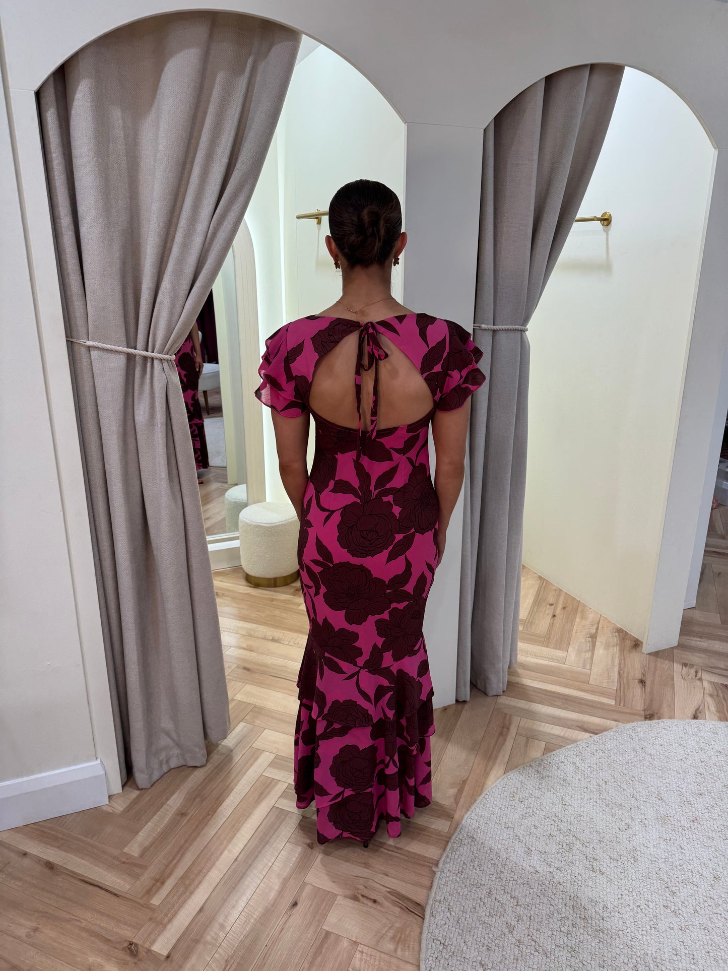 Ester Ruffle Maxi Dress in Brown and Fuchsia Floral