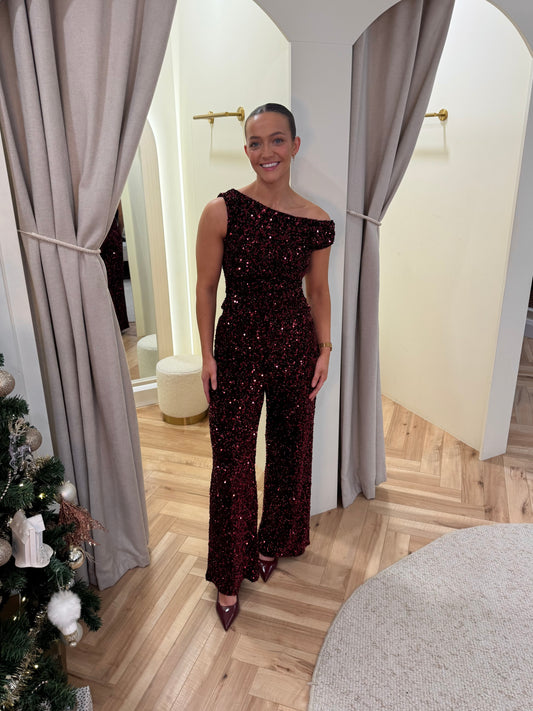 Darcie Sequin Trousers in Burgundy