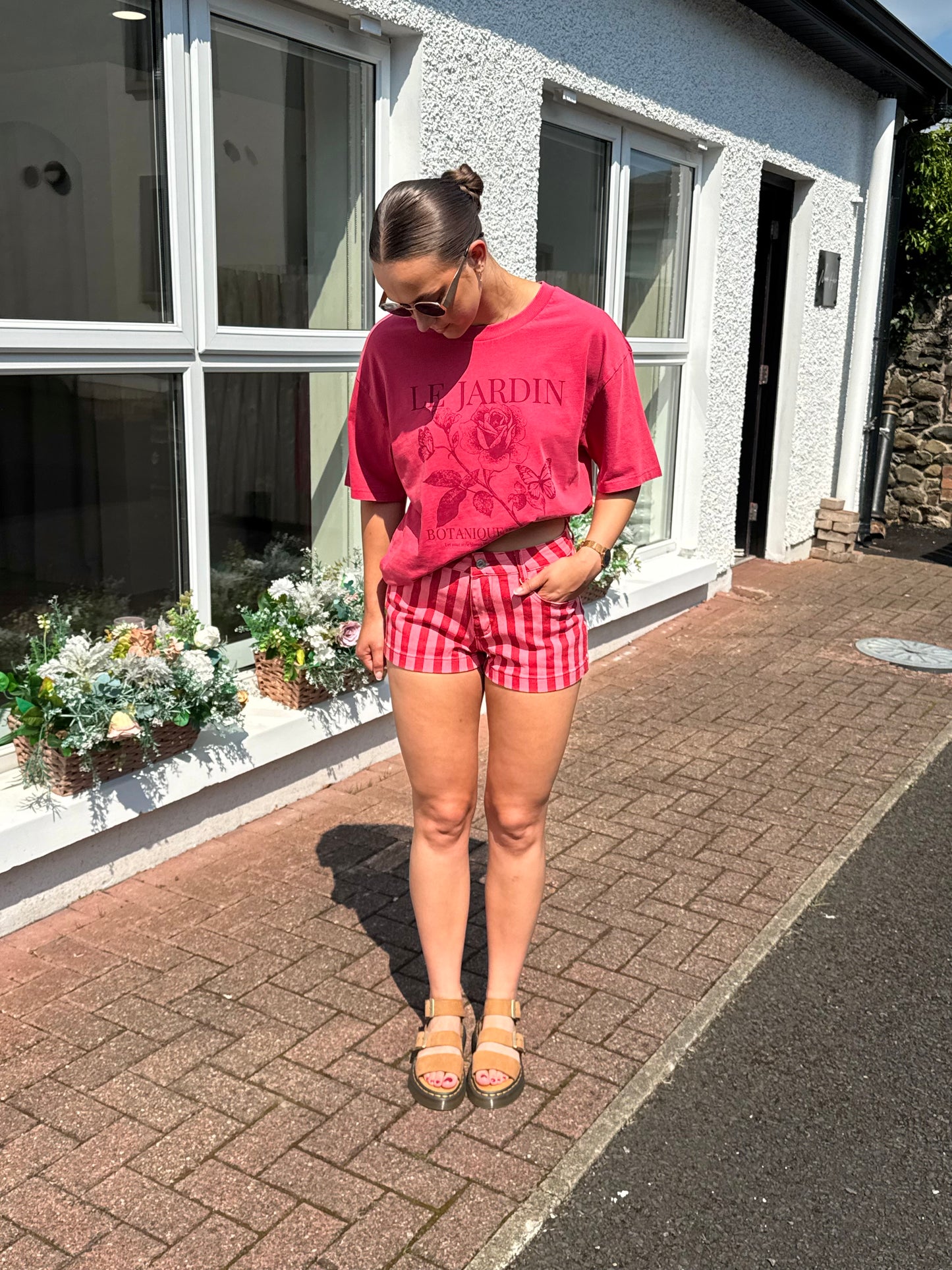 Leni Denim Mini Shorts in Pink/Red Stripe