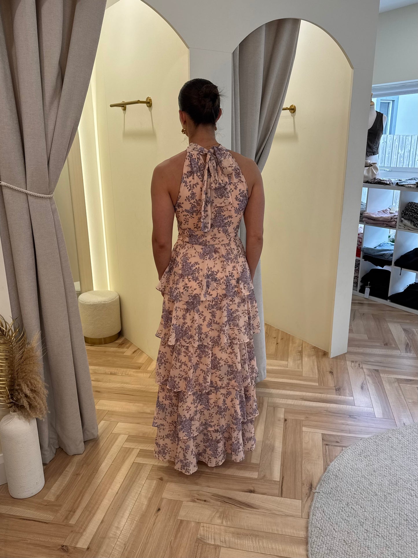 Hester Halterneck Ruffle Maxi Dress in Apricot & lilac floral