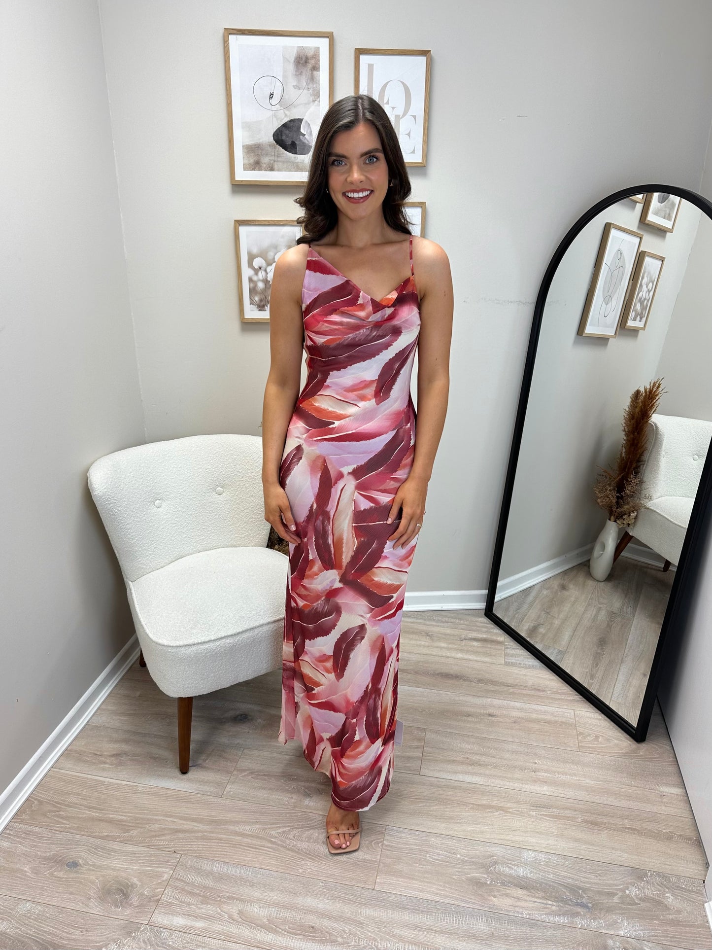 Keisha Asymmetric Cowl Maxi Dress in Feather Print