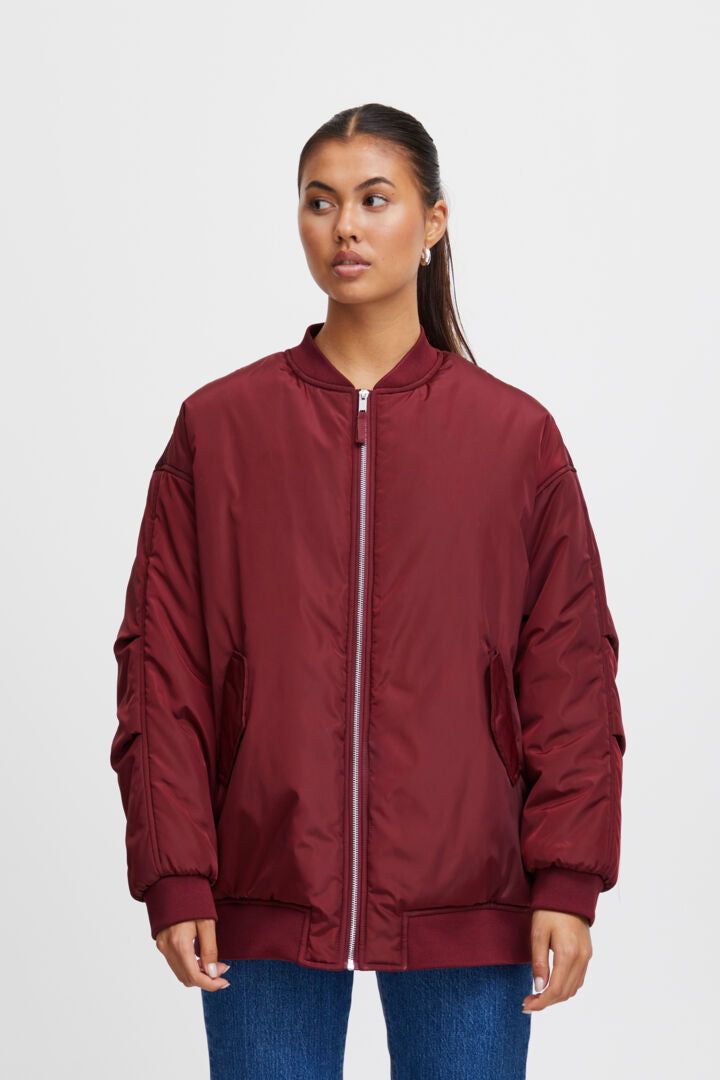 Ichi oversized burgundy bomber jacket front