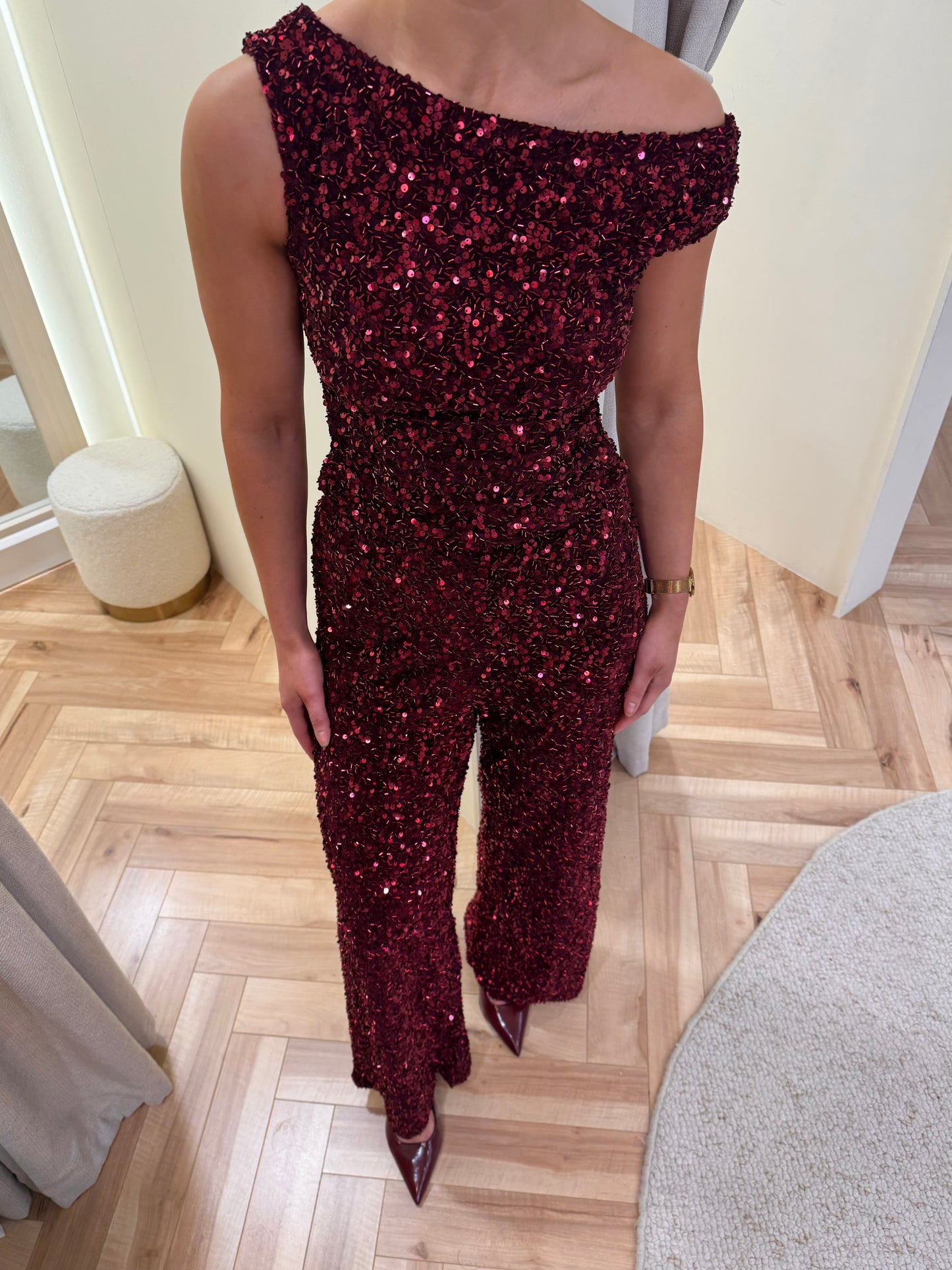 Darcie Sequin One Shoulder Top in burgundy