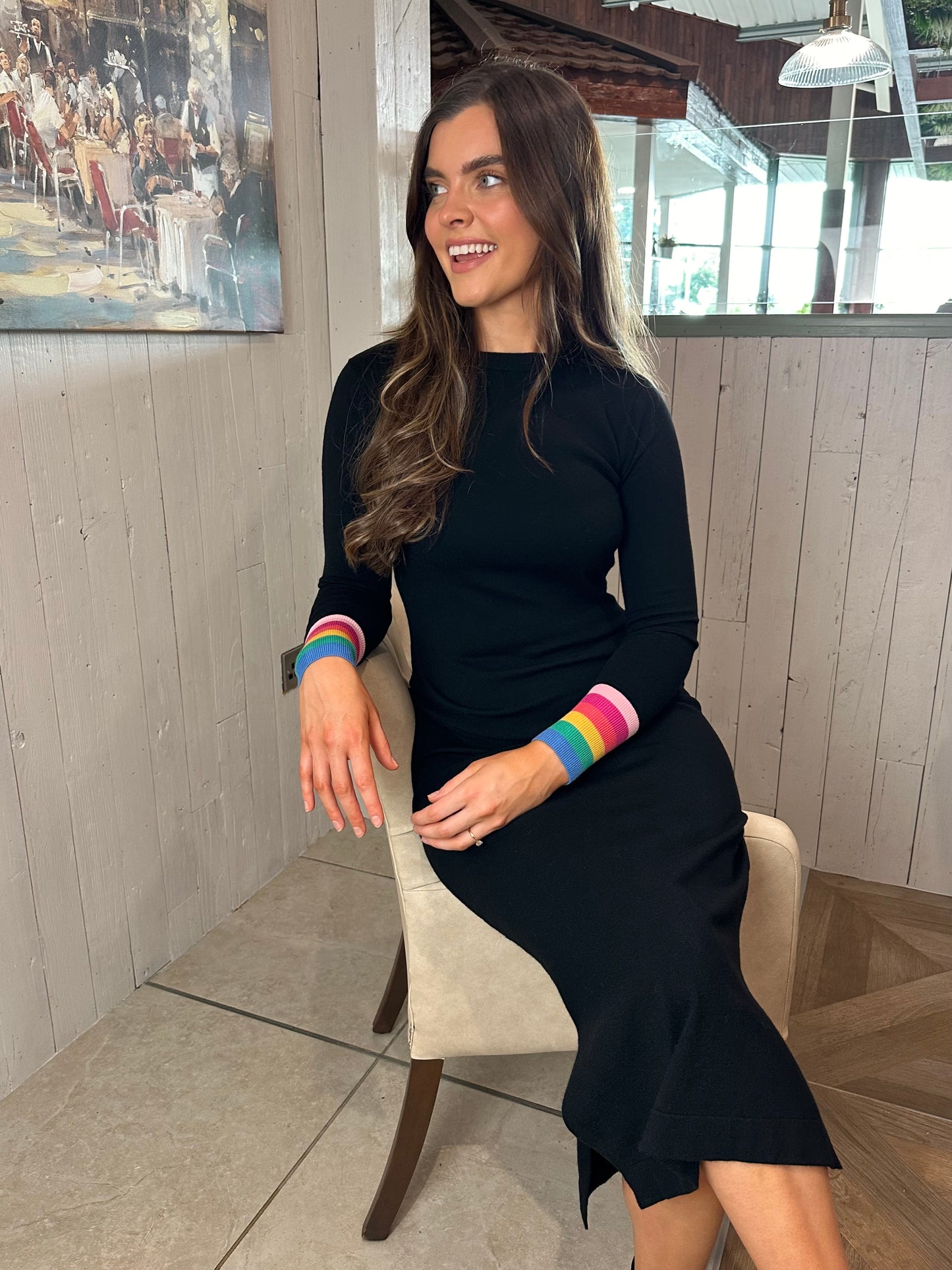 Liselle Midi Knit Dress Black Rainbow Stripe Cuffs