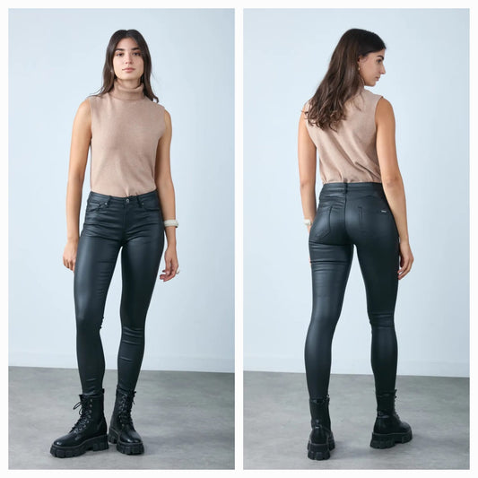 Toxik Leather Coated Bum Lift Jeans in Black