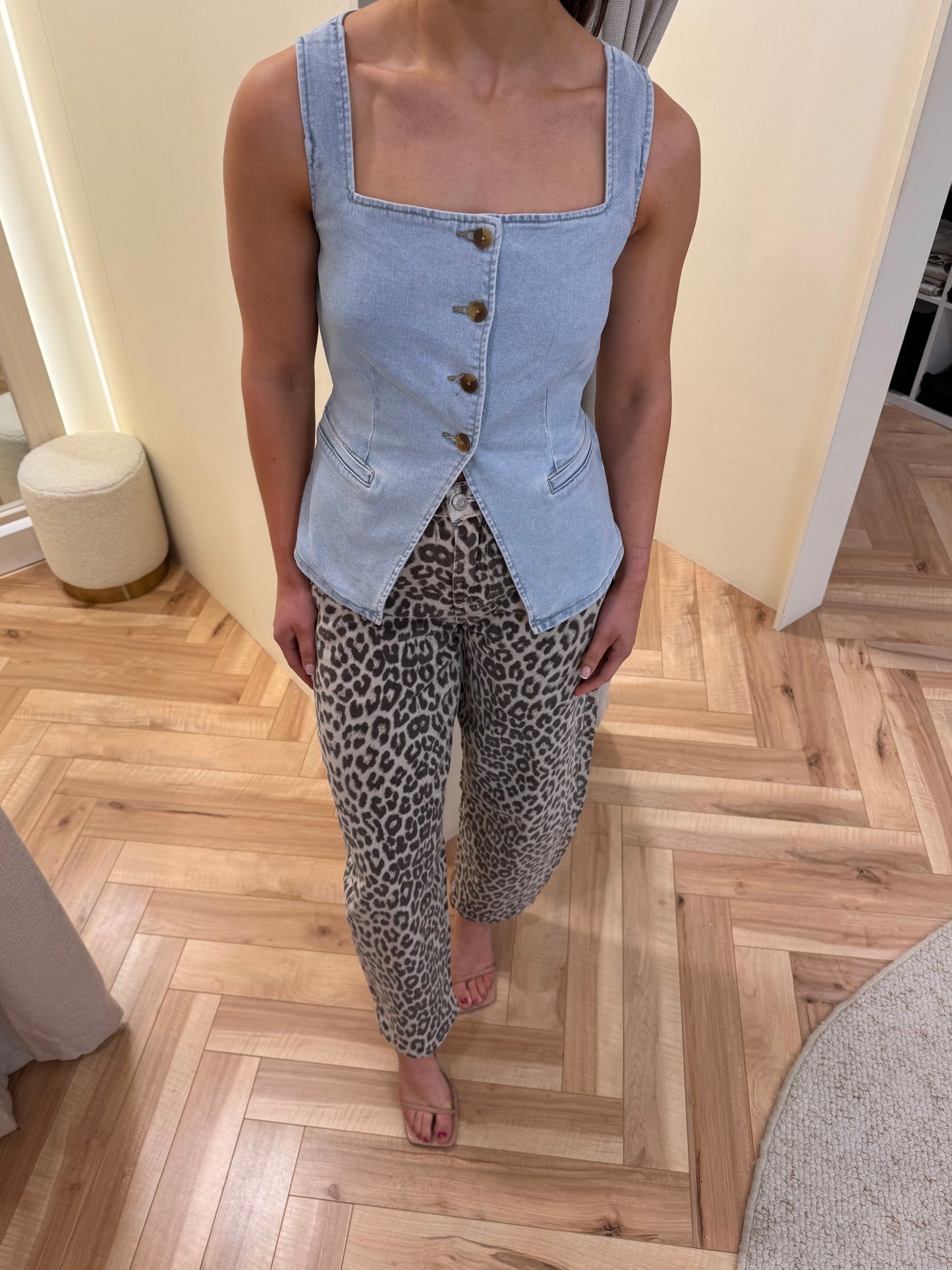 Frankie Square Neck Denim Waistcoat in Light Blue