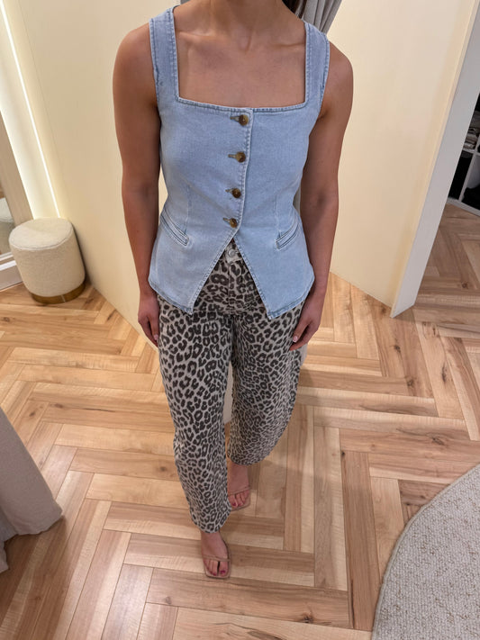 Frankie Square Neck Denim Waistcoat in Light Blue