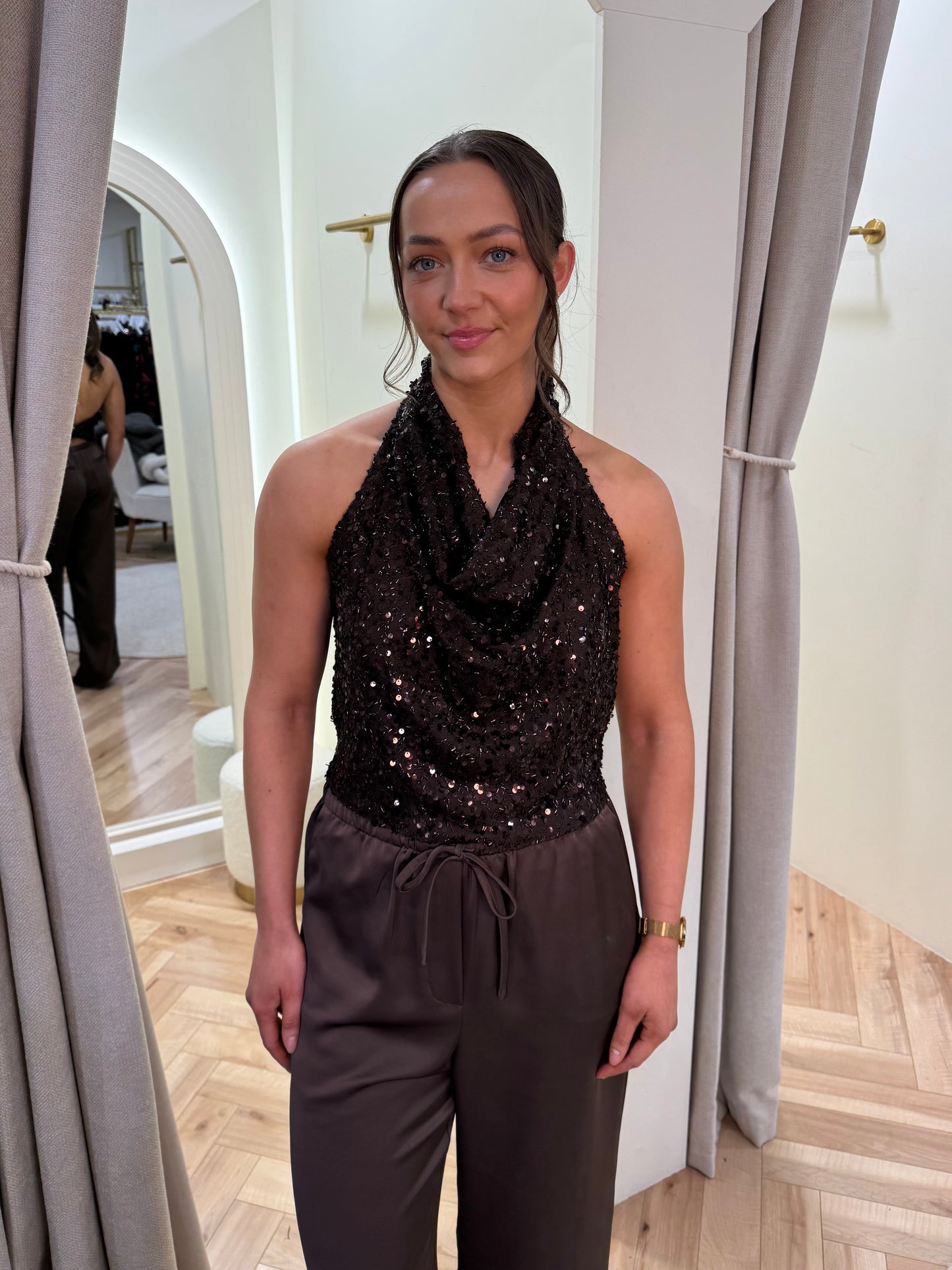 Cowl Neck Sequin Top in Brown