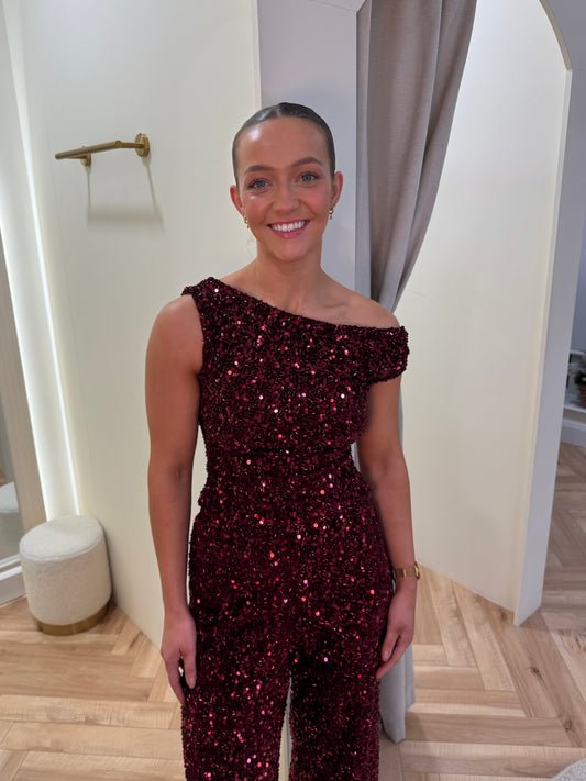 Darcie Sequin One Shoulder Top in burgundy