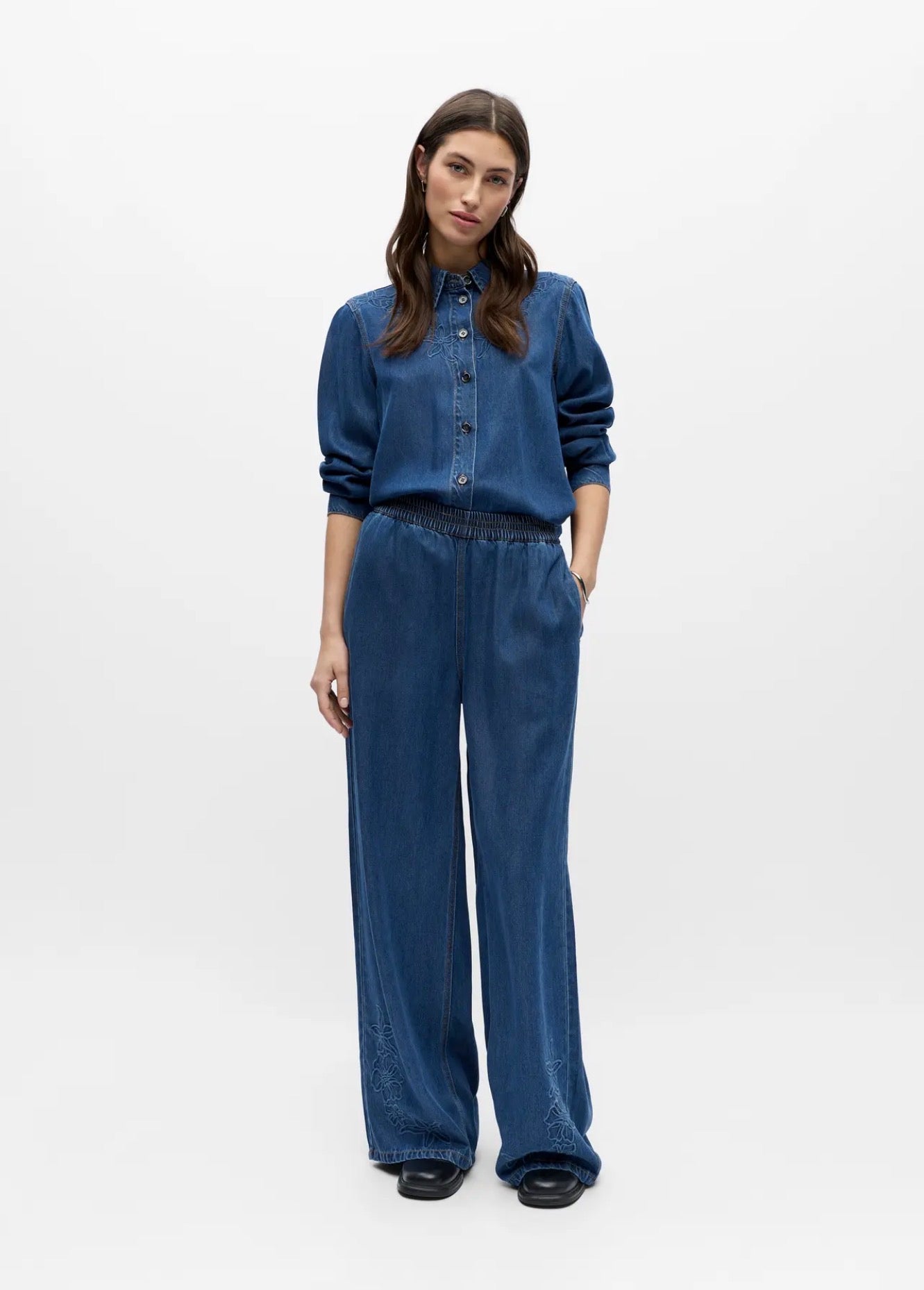 Objframe denim embroidered trouser