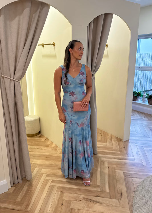 Blue Floral Blur Godet Maxi Dress