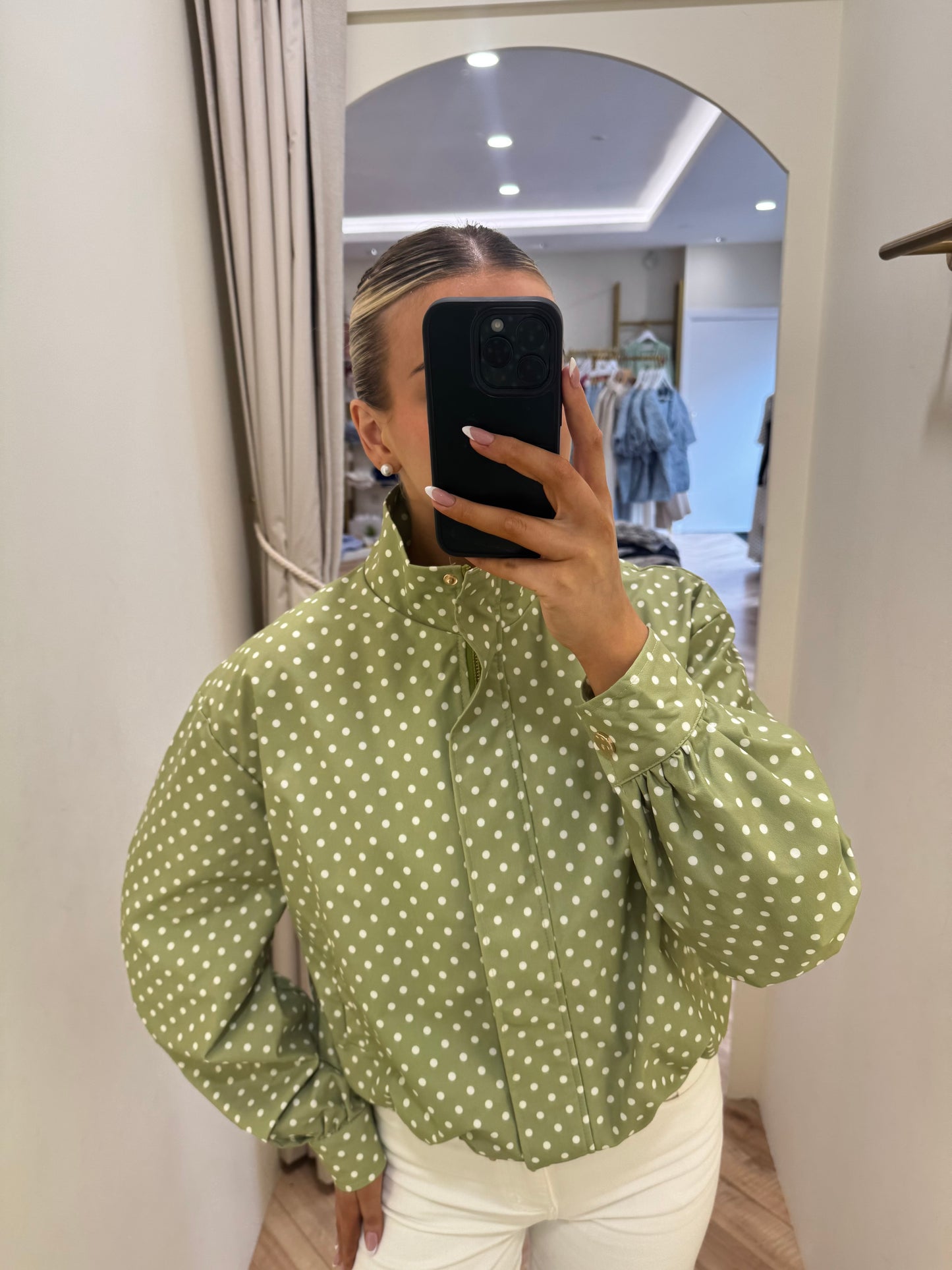 Polka Dot Bomber Jacket in Green