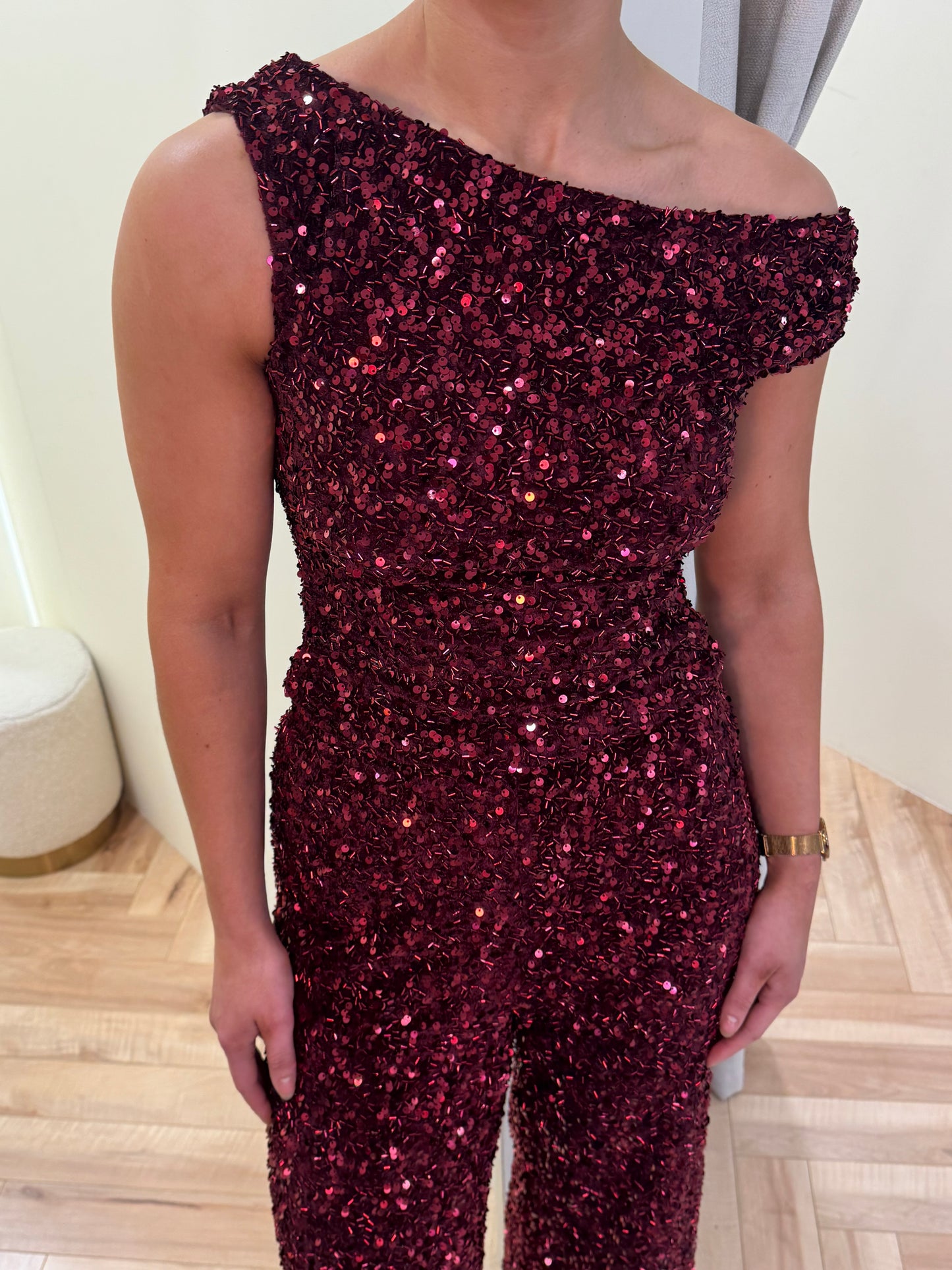 Darcie Sequin One Shoulder Top in burgundy