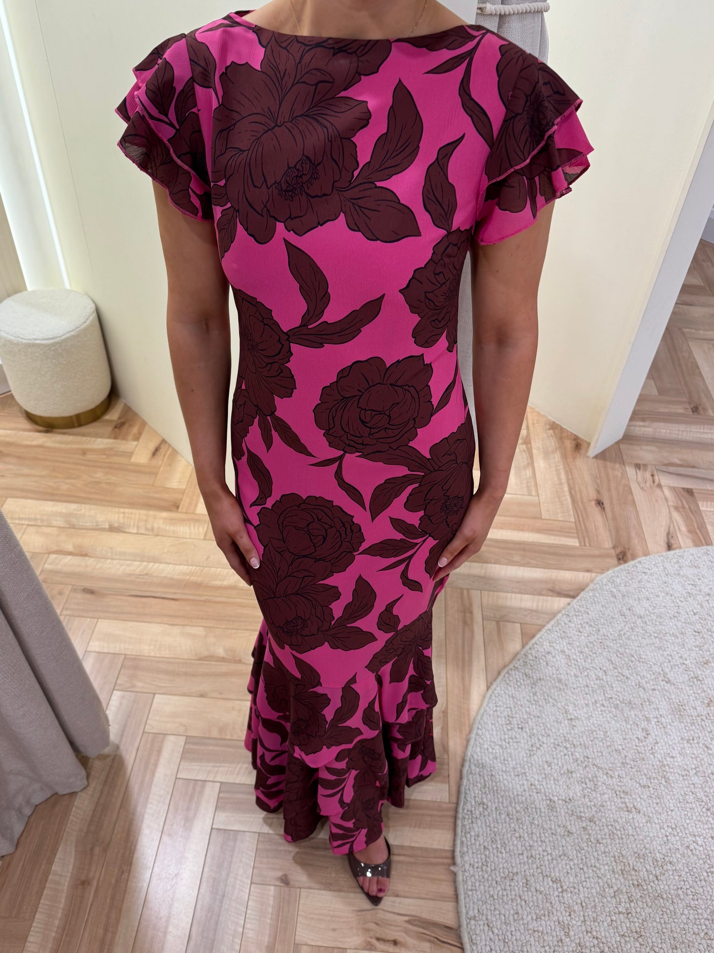 Ester Ruffle Maxi Dress in Brown and Fuchsia Floral