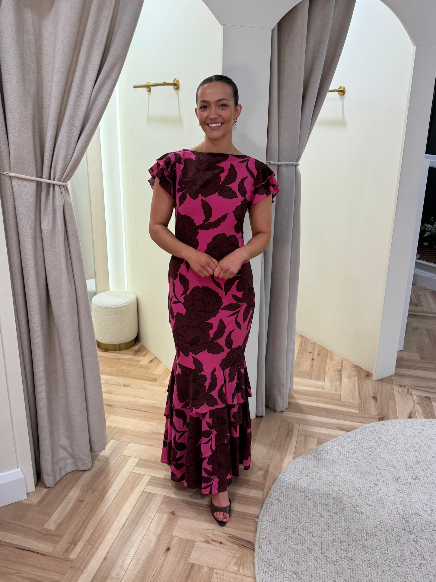 Ester Ruffle Maxi Dress in Brown and Fuchsia Floral