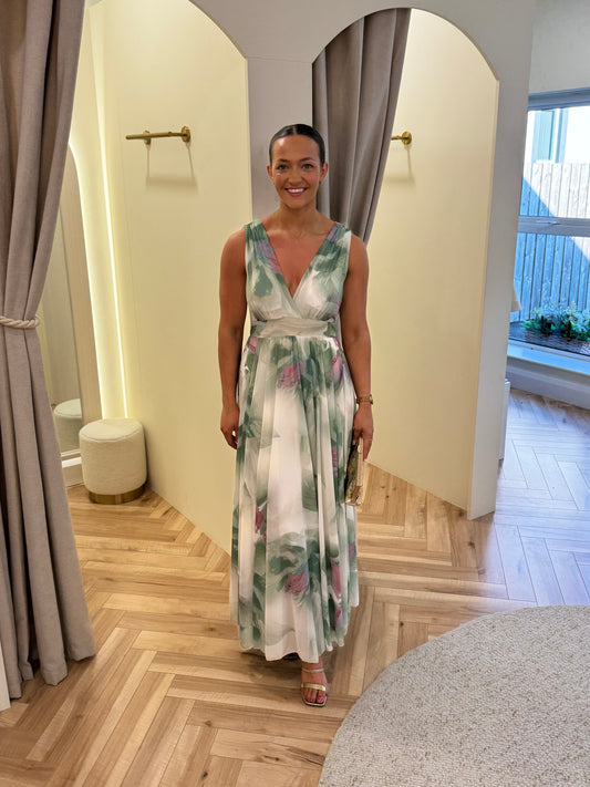 Green Floral Print Chiffon Maxi Dress