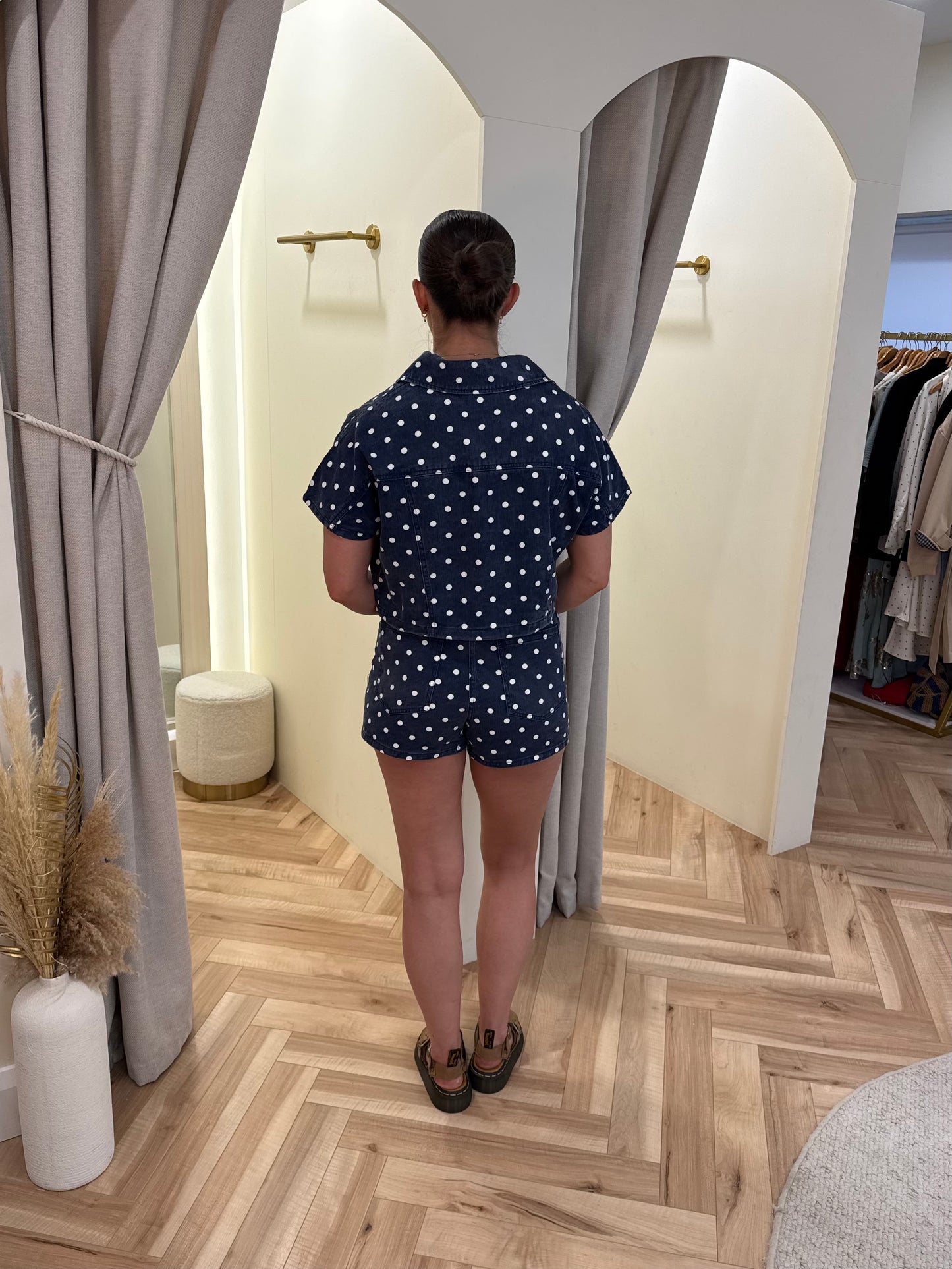 Kali Polka Dot Denim Skort in Navy