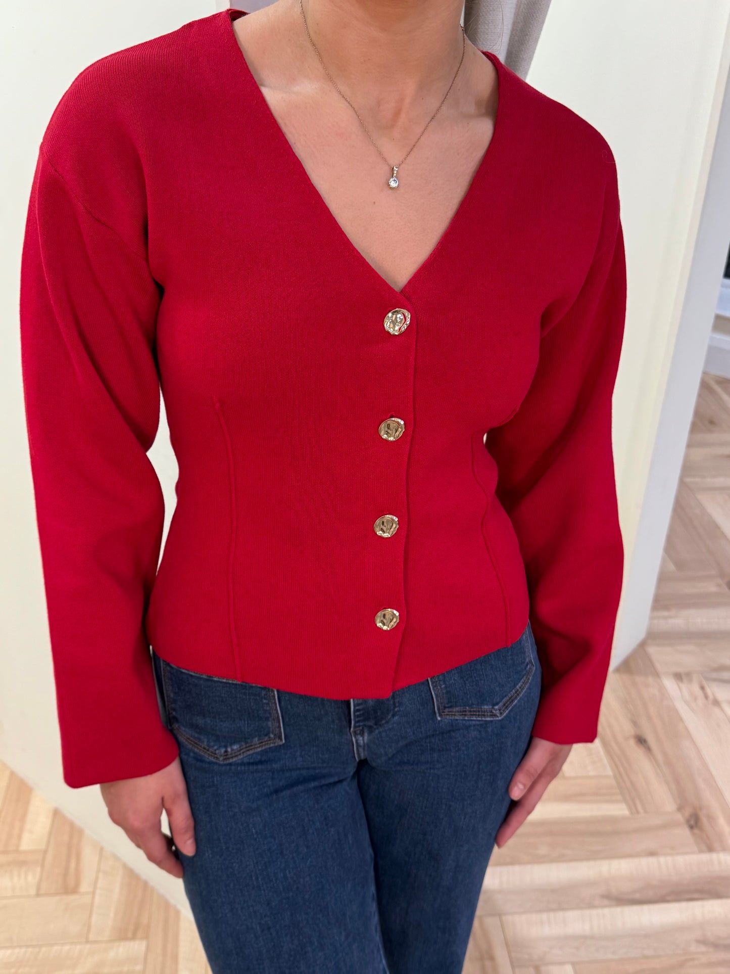 Visway red knit cinched cardigan