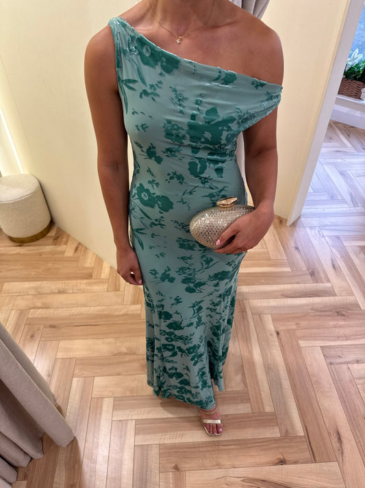 Blue Devore Fallen Shoulder Maxi Dress