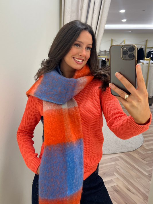 Blue and Orange Soft Wool Plaid Scarf