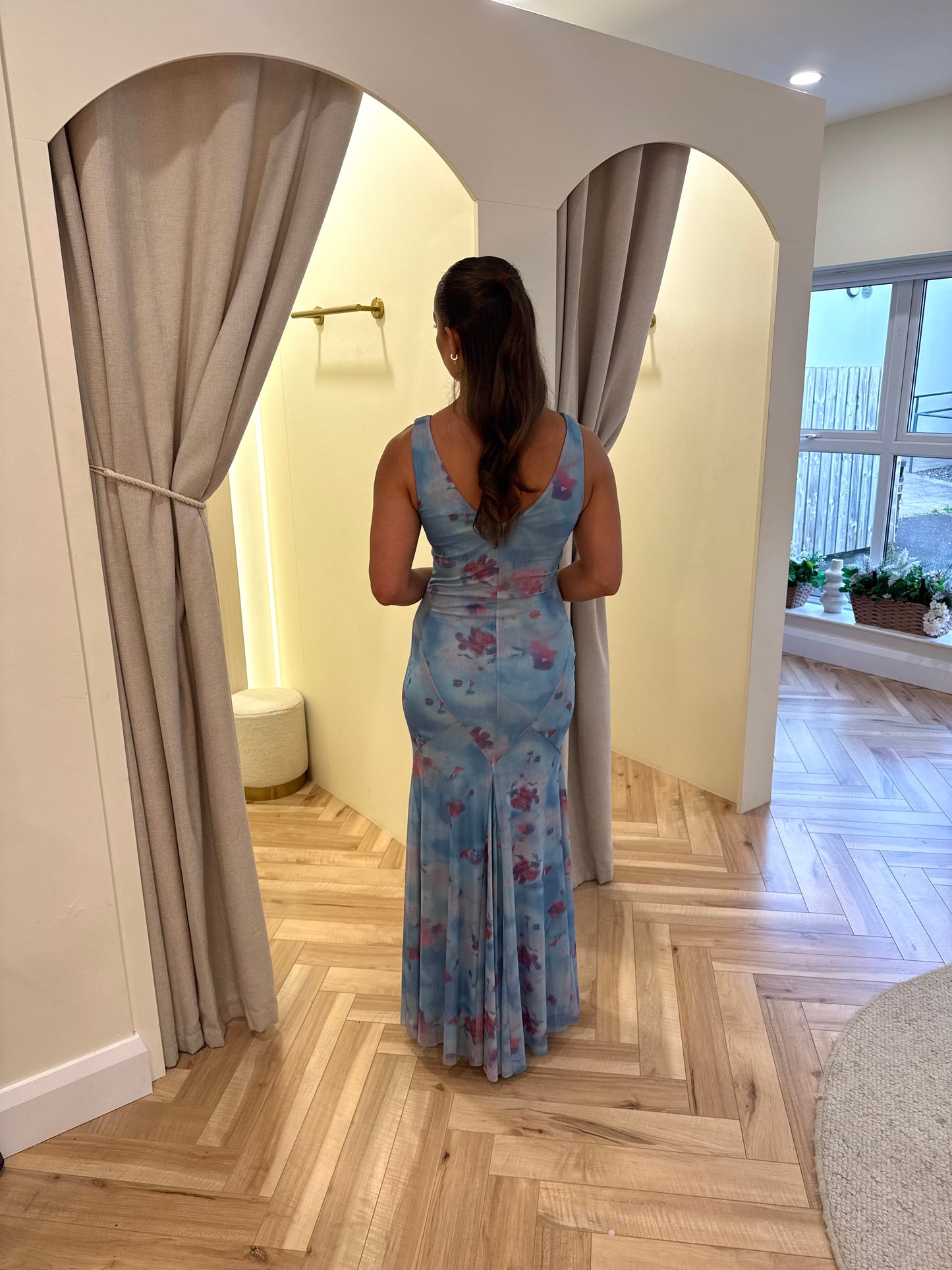 Blue Floral Blur Godet Maxi Dress