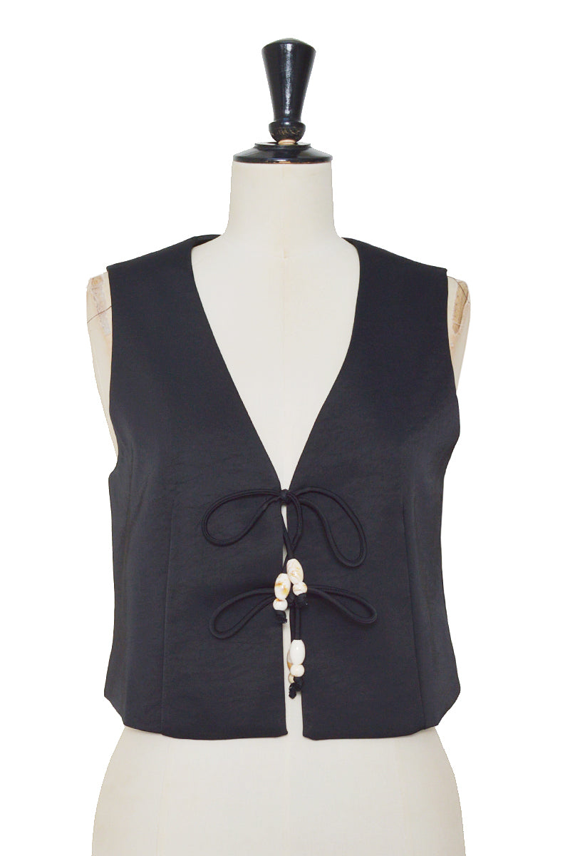 Aimee Satin Tie Front Waistcoat in Black