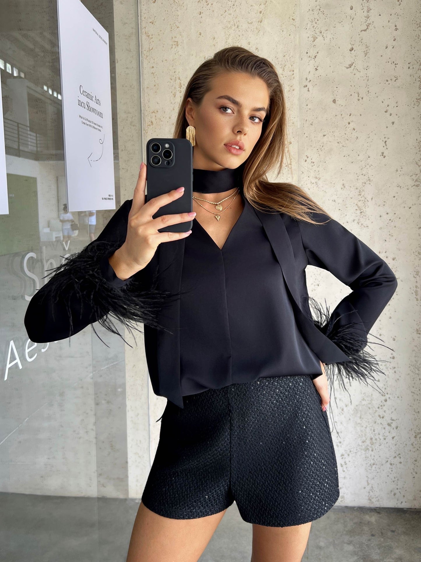 Sabrina Feather Cuff Top in Black