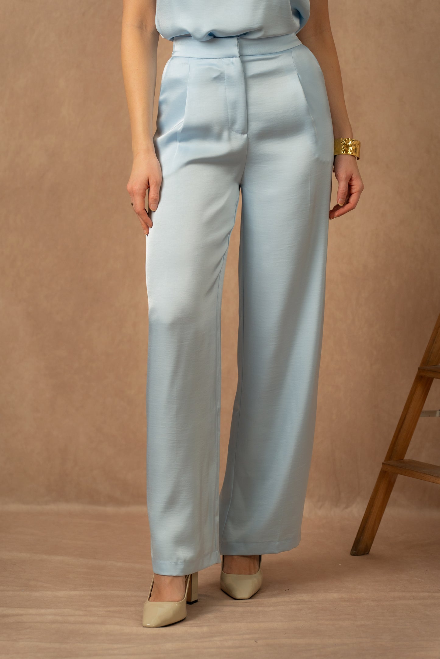 Sienna Wide Leg Satin Trousers in light Blue