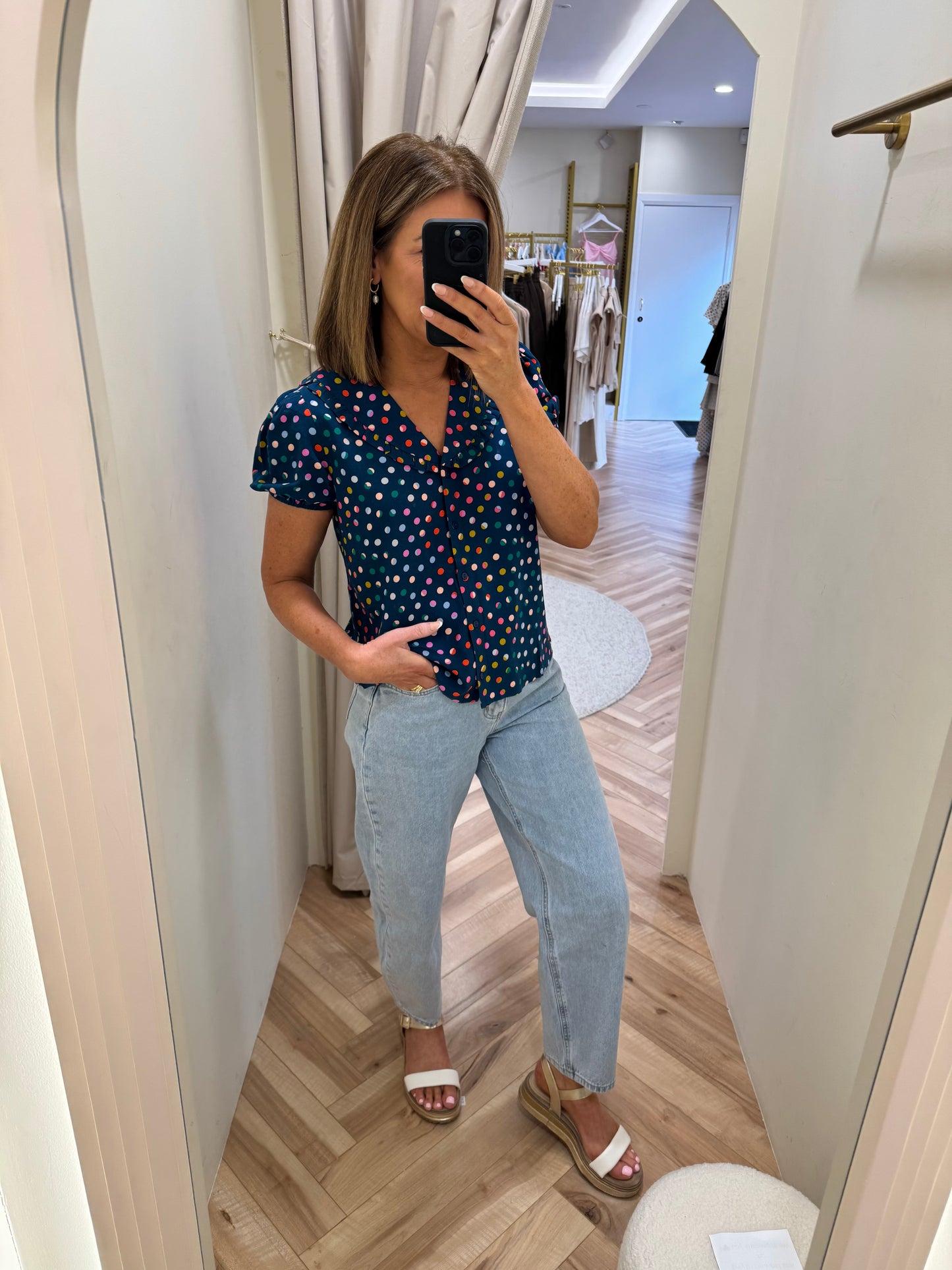 Sugarhill Brighton Elaine Frill Blouse - Petrol Navy, Rainbow Marbles