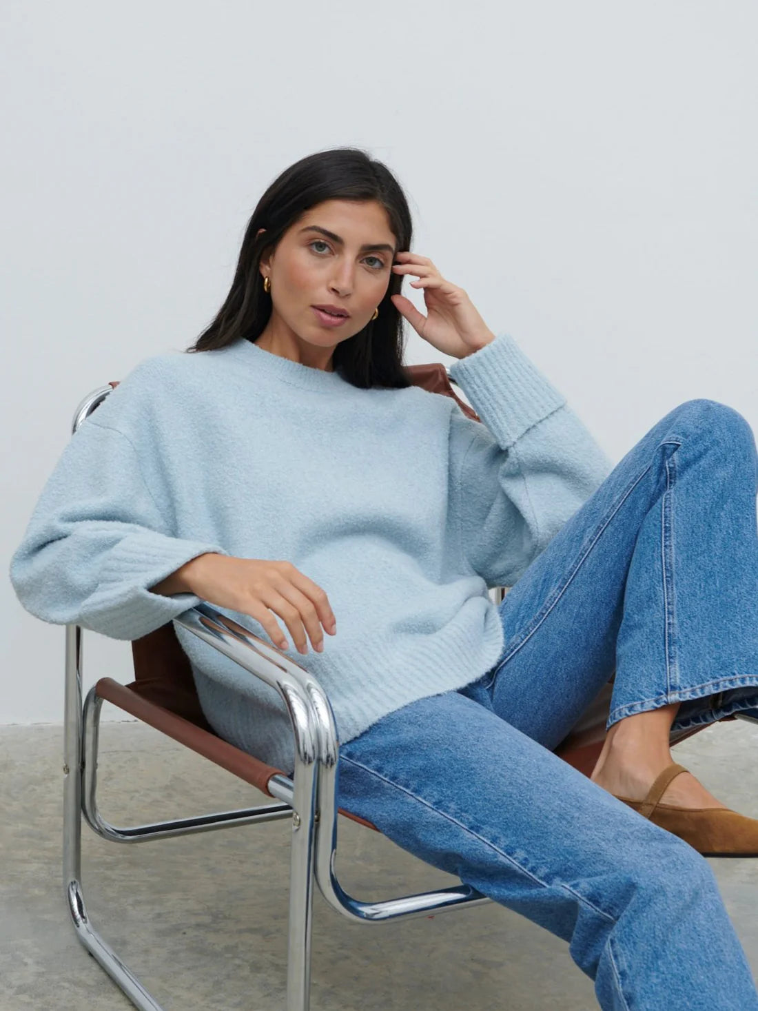 Camille Oversized Borg Knit Jumper in Pale Blue