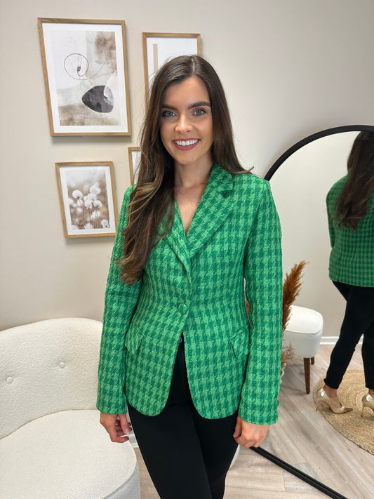 Green tonal houndstooth fitted blazer