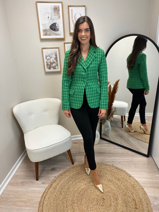 Green tonal houndstooth fitted blazer