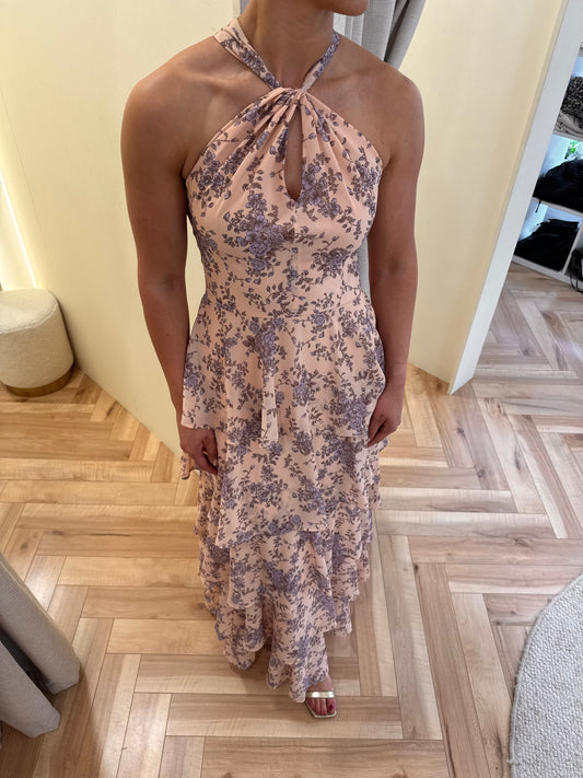 Hester Halterneck Ruffle Maxi Dress in Apricot & lilac floral