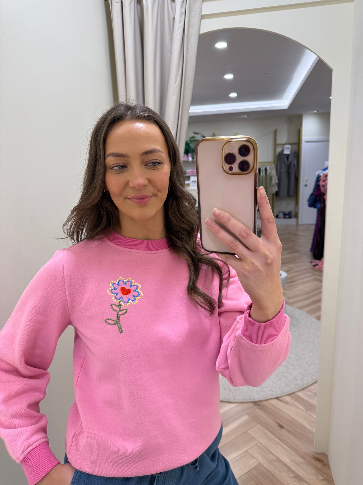 Mindy Blouson Sleeve Sweatshirt - Pink, Heart Flower