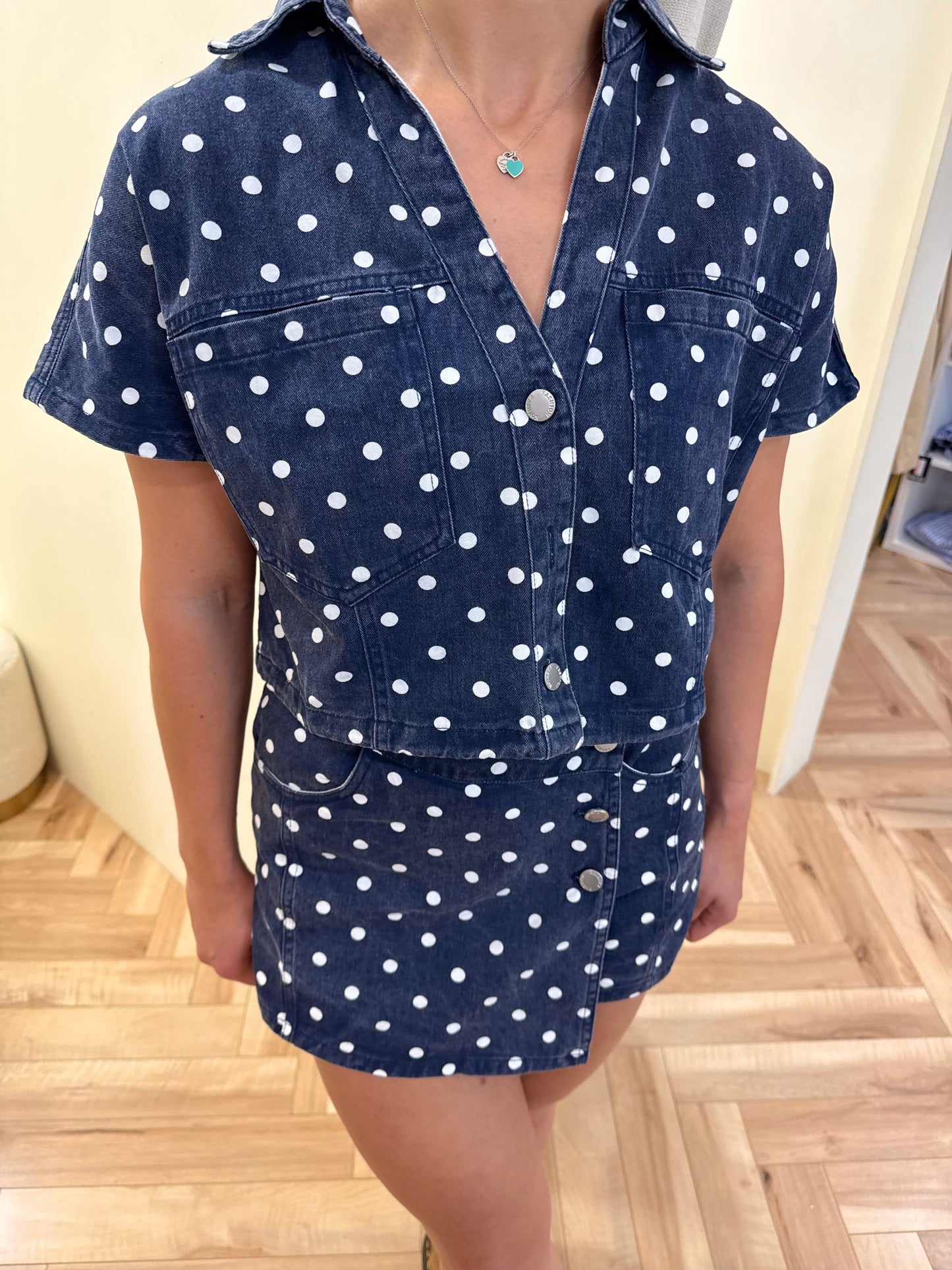 Kali Polka Dot Denim Top in Navy