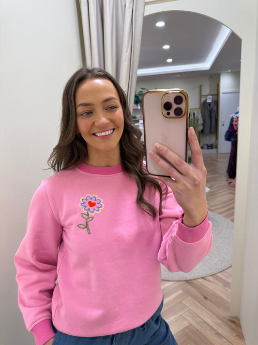 Mindy Blouson Sleeve Sweatshirt - Pink, Heart Flower