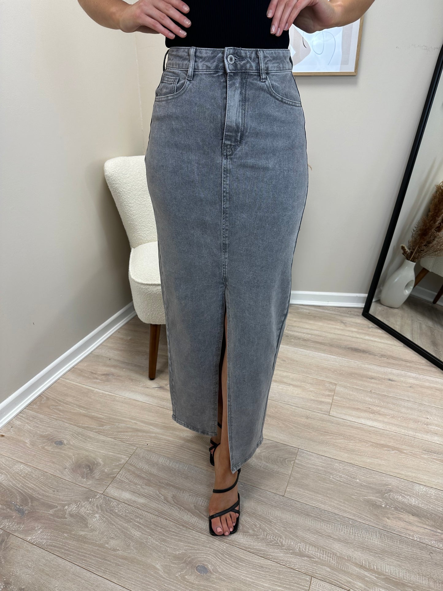 Grey Denim Maxi Skirt