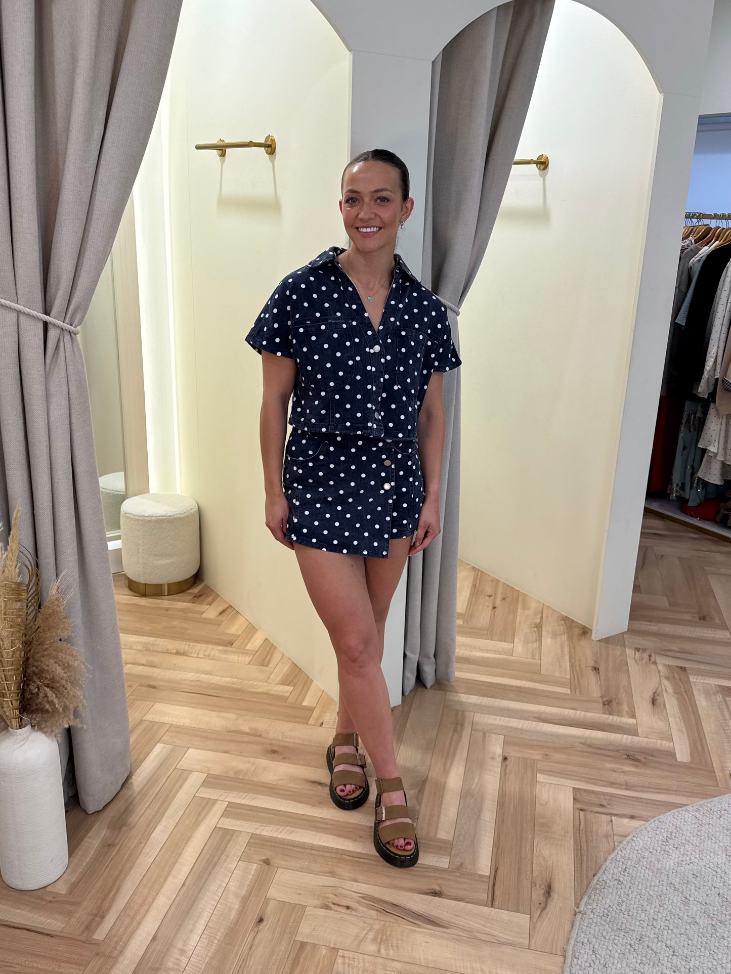 Kali Polka Dot Denim Skort in Navy