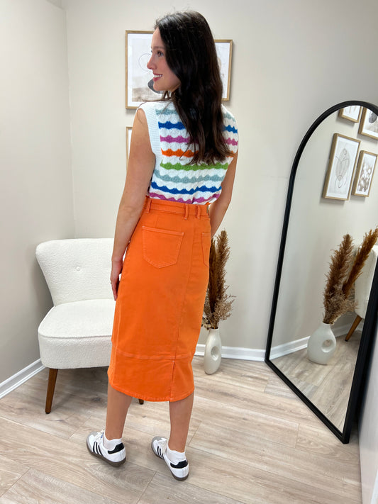Ichi Ihcenny Denim Midi Skirt in Persimmon Orange