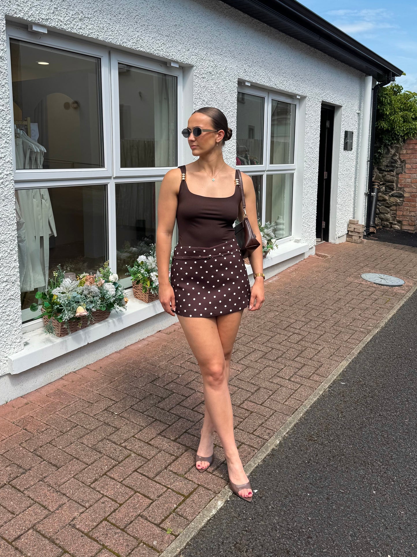 Brown polka dot mini skort