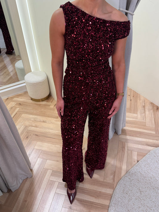 Darcie Sequin Trousers in Burgundy