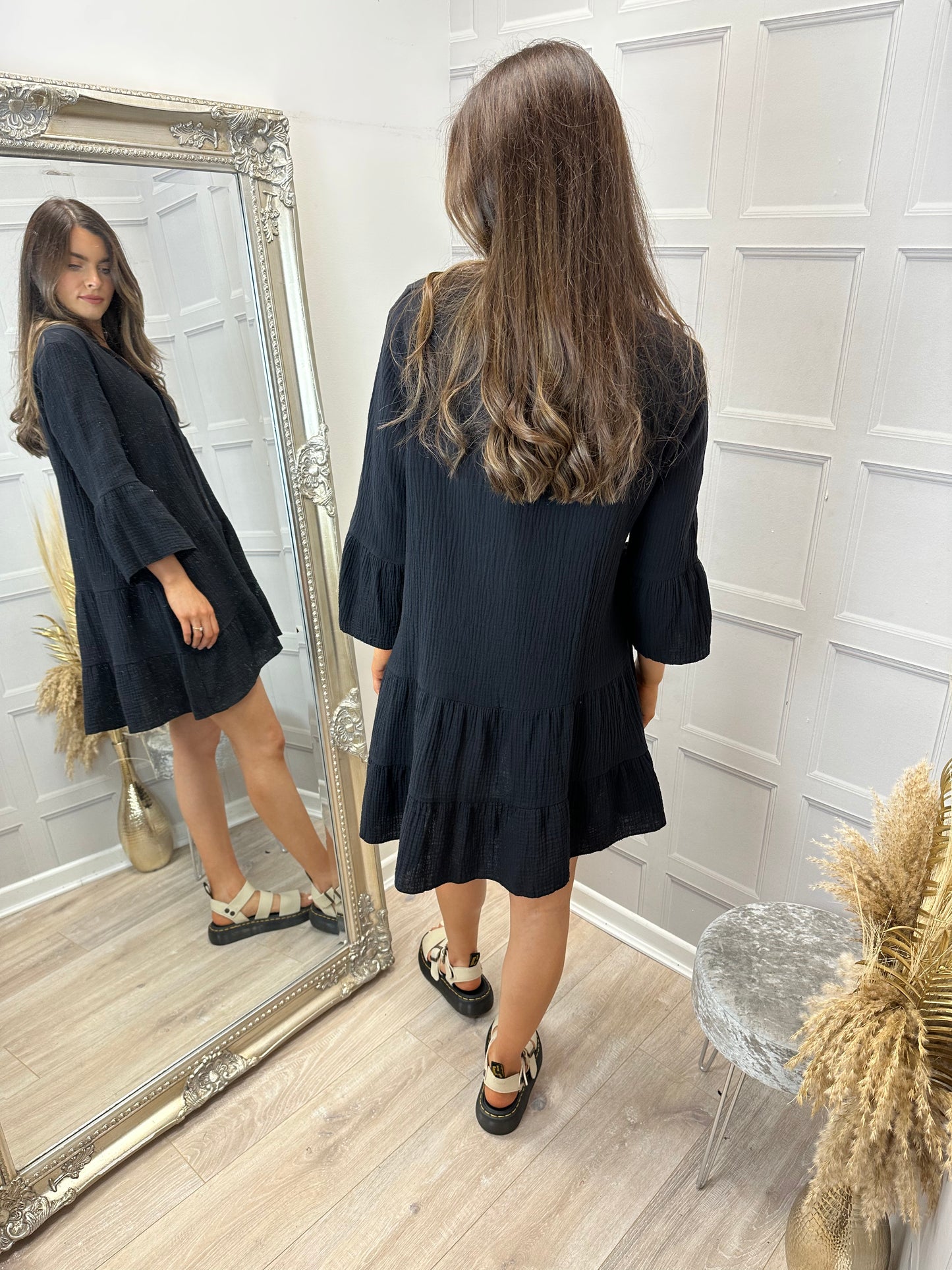 Carly Black Cheesecloth smock dress