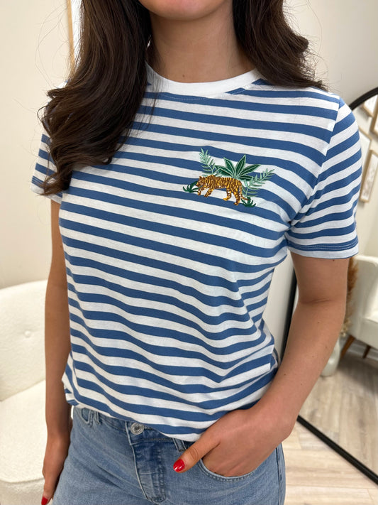 Sugarhill Brighton Maggie T-shirt - Blue/White, Tiger Embroidery