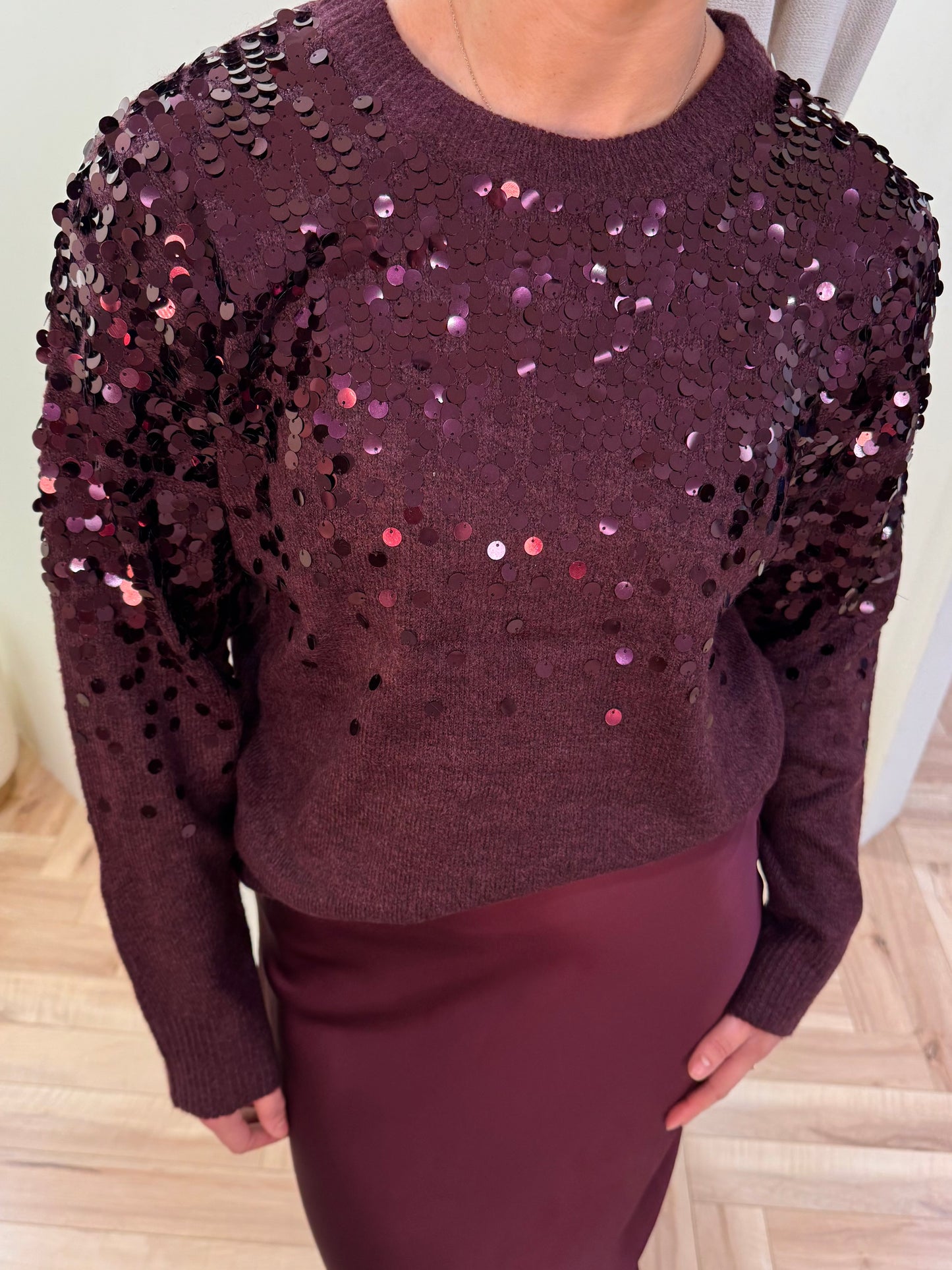 Visiquin Sequin Knit Pullover in Fig