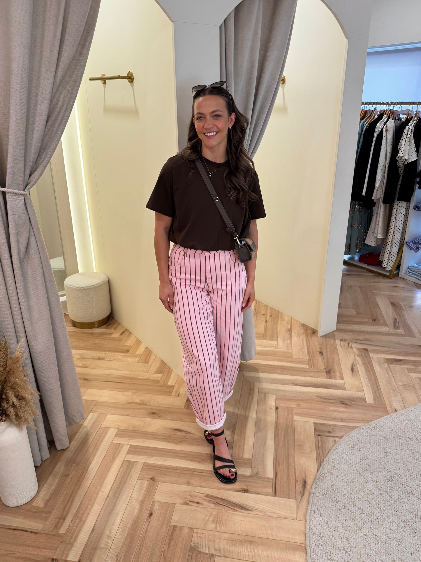 Pink and brown stripe balloon jeans