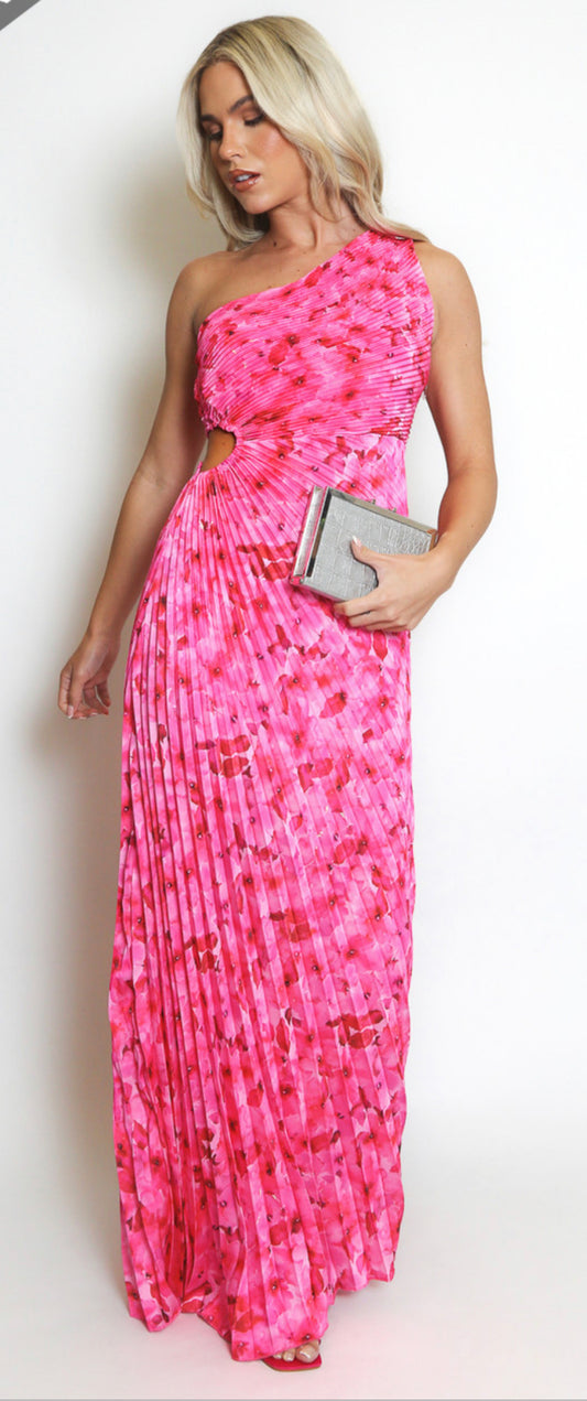 Pleated One Shoulder Maxi Dress in Pink