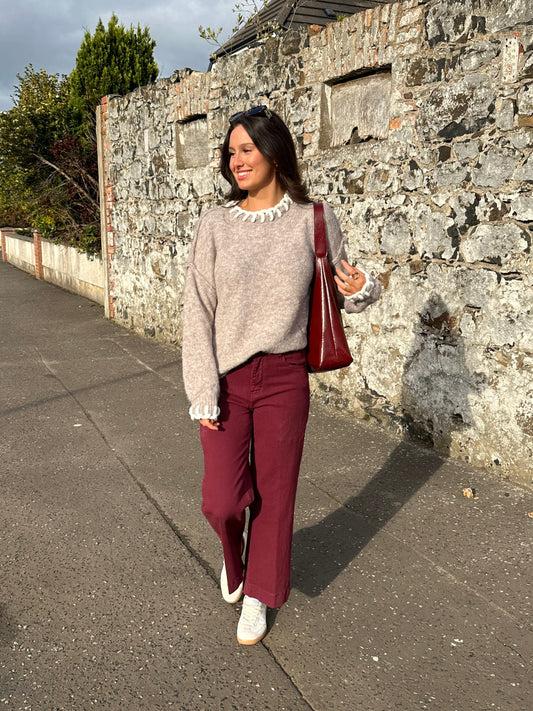 Burgundy Wide Leg Cropped Jeans